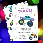 Young Wild 3rd Birthday Kids Monster Car Trucks Invitation<br><div class="desc">Young Wild And Three 3rd Birthday Kids Monster Car Trucks Invitation features cute and colorful monster car trucks with the text "Young, wild and three!" in modern purple typography script accented with the number 3 and doodles. Perfect for kids third birthday party celebrations. Send in the mail or simply download...</div>