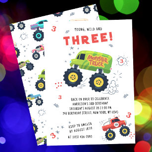 Young Wild 3rd Birthday Kids Monster Car Trucks Invitation