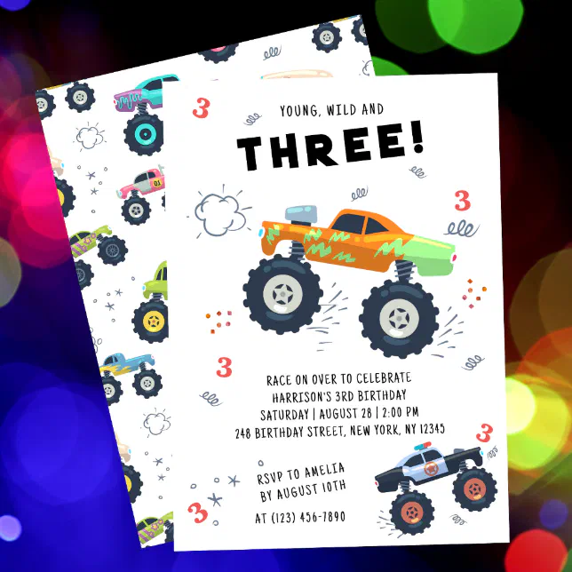 Young Wild 3rd Birthday Kids Monster Car Trucks Invitation | Zazzle