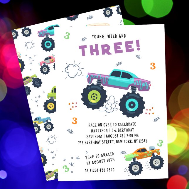 Young Wild 3rd Birthday Kids Monster Car Trucks Invitation
