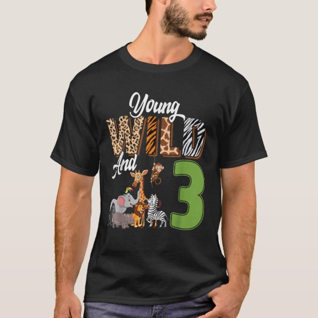 Young Wild And 3 Year Old 3rd Birthday Safari Zoo  T-Shirt (Front)