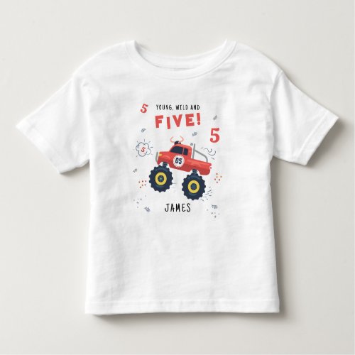 Young Wild And Five 5th Birthday Kids Monster Car Toddler T_shirt