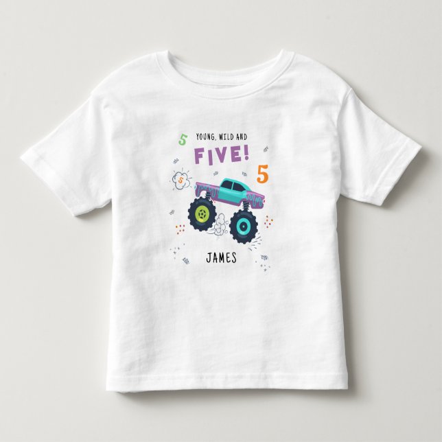 Young Wild And Five 5th Birthday Kids Monster Car Toddler T-shirt (Front)
