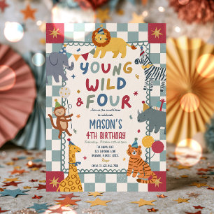 Young Wild And Four 4th Birthday Party Animals Invitation