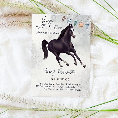 Young wild and free galloping horse birthday invitation