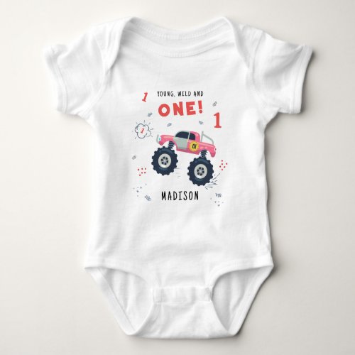 Young Wild And One 1st Birthday Kids Monster Car Baby Bodysuit