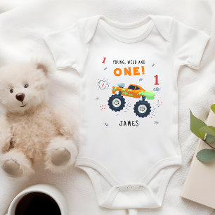 Young Wild And One 1st Birthday Kids Monster Car Baby Bodysuit