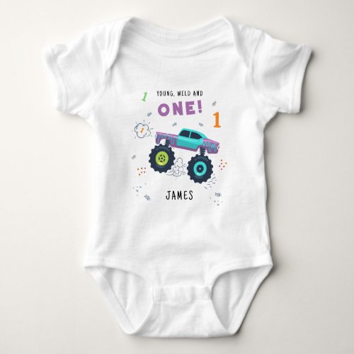 Young Wild And One 1st Birthday Kids Monster Car Baby Bodysuit