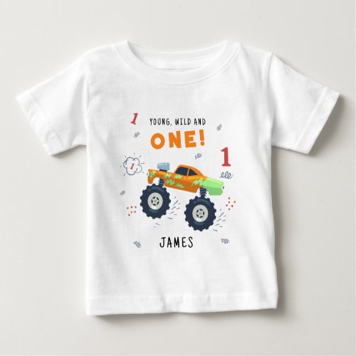 Young Wild And One 1st Birthday Kids Monster Car Baby T_Shirt