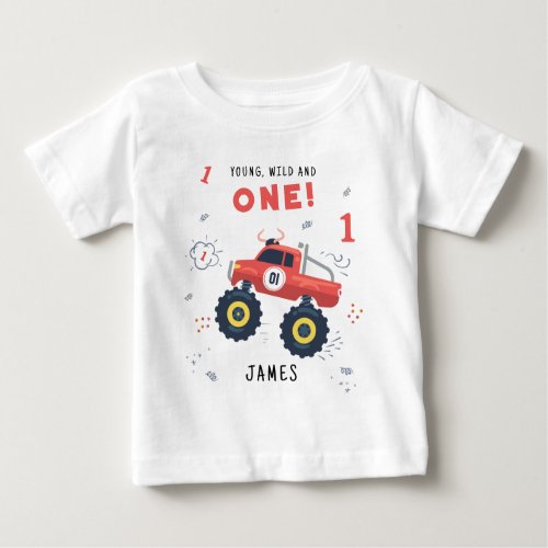 Young Wild And One 1st Birthday Kids Monster Car Baby T_Shirt