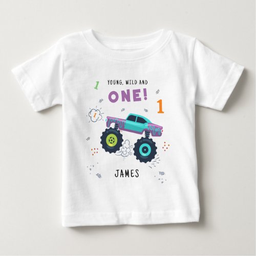 Young Wild And One 1st Birthday Kids Monster Car Baby T_Shirt