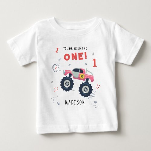 Young Wild And One 1st Birthday Kids Monster Car Baby T_Shirt