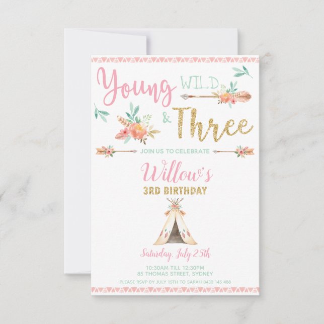 Young Wild and Three 3rd Birthday Boho Invitation (Front)
