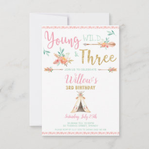 Young Wild and Three 3rd Birthday Boho Invitation