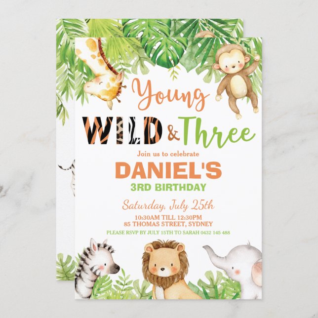 Young Wild and Three 3rd Birthday Jungle Animals Invitation (Front/Back)