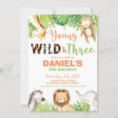 Young Wild and Three 3rd Birthday Jungle Animals Invitation (Front)