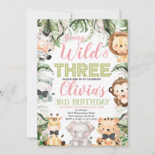 Young Wild and Three, 3rd Birthday Jungle Animals Invitation