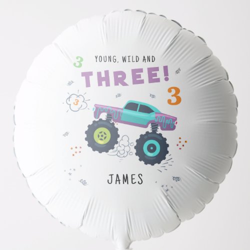 Young Wild And Three 3rd Birthday Kids Monster Car Balloon