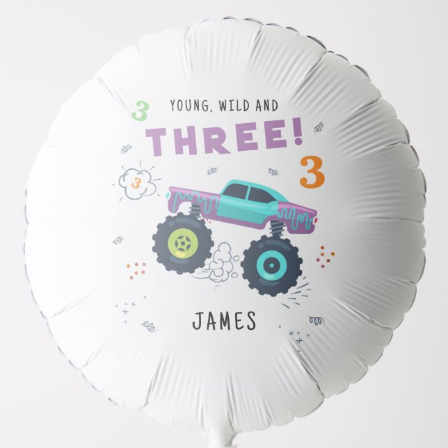 Young Wild And Three 3rd Birthday Kids Monster Car Balloon (Front)