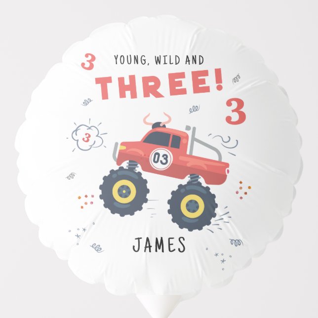 Young Wild And Three 3rd Birthday Kids Monster Car Balloon (Front)