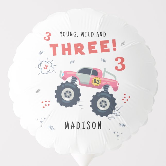 Young Wild And Three 3rd Birthday Kids Monster Car Balloon (Front)