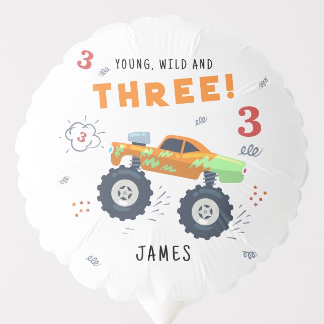 Young Wild And Three 3rd Birthday Kids Monster Car Balloon (Front)
