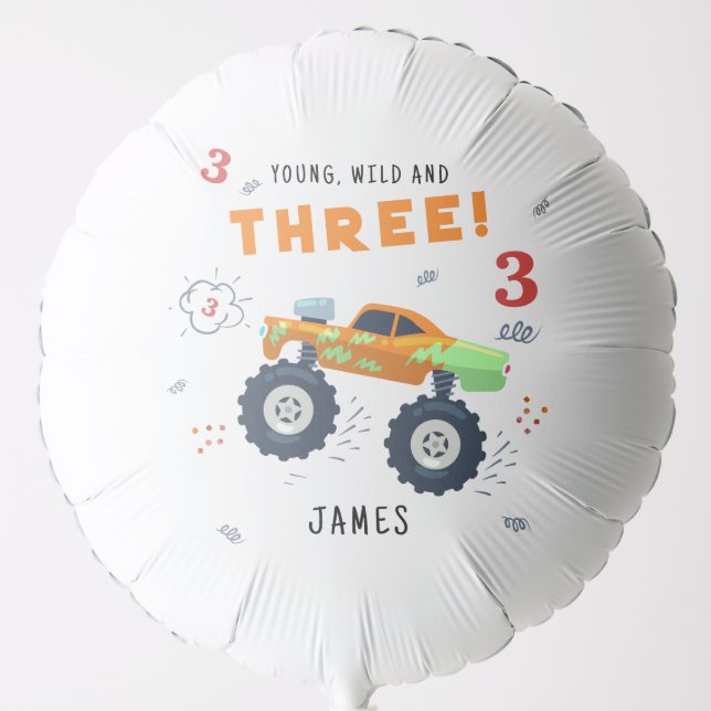 Young Wild And Three 3rd Birthday Kids Monster Car Balloon (Front)