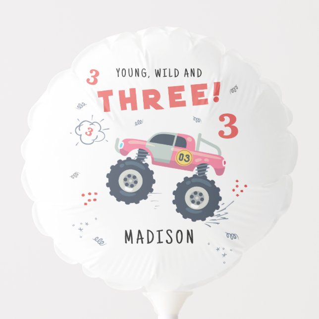 Young Wild And Three 3rd Birthday Kids Monster Car Balloon (Front)