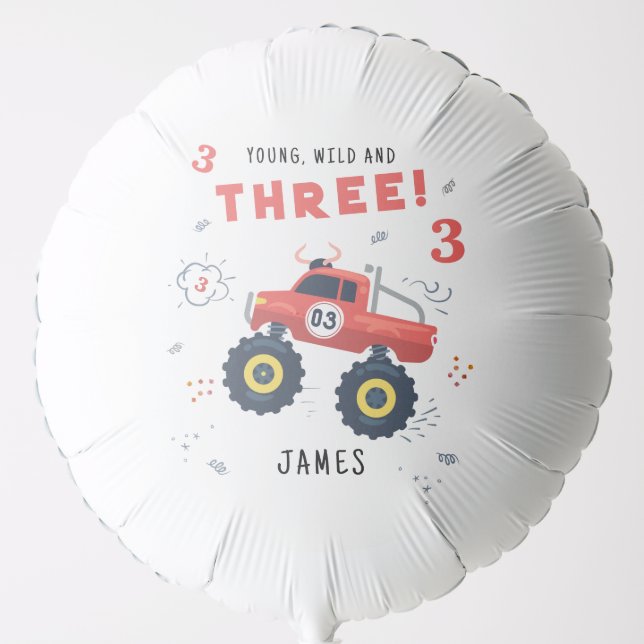 Young Wild And Three 3rd Birthday Kids Monster Car Balloon (Front)