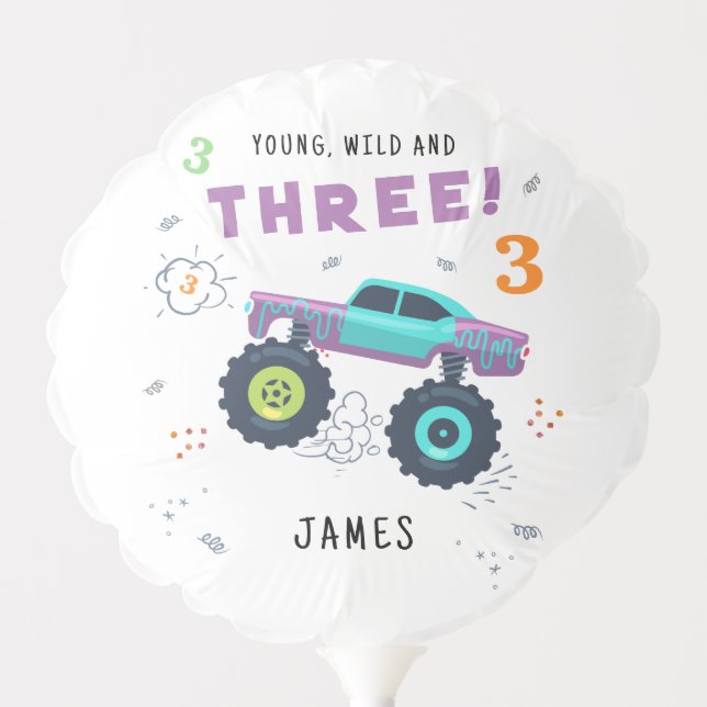 Young Wild And Three 3rd Birthday Kids Monster Car Balloon (Front)