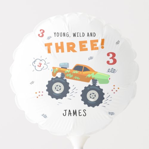 Young Wild And Three 3rd Birthday Kids Monster Car Balloon