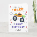 Young Wild And Three 3rd Birthday Kids Monster Car Card<br><div class="desc">Young Wild And Three 3rd Birthday Kids Monster Car Trucks Birthday Card Greeting Card features a cute and colorful monster car trucks with the text "Young, wild and three" in modern typography script accented with the number 3 and doodles. Below "Happy Birthday" personalize with your name and add your custom...</div>