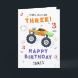 Young Wild And Three 3rd Birthday Kids Monster Car Card<br><div class="desc">Young Wild And Three 3rd Birthday Kids Monster Car Trucks Birthday Card Greeting Card features a cute and colorful monster car trucks with the text "Young, wild and three" in modern typography script accented with the number 3 and doodles. Below "Happy Birthday" personalize with your name and add your custom...</div>