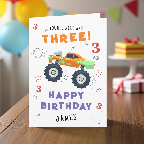 Young Wild And Three 3rd Birthday Kids Monster Car