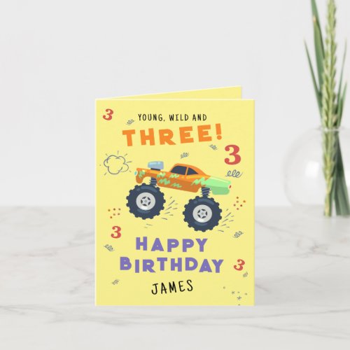 Young Wild And Three 3rd Birthday Kids Monster Car Card