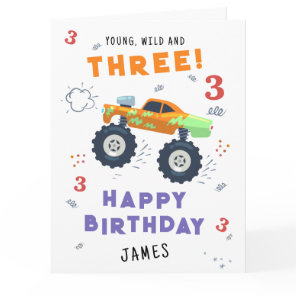 Young Wild And Three 3rd Birthday Kids Monster Car Card