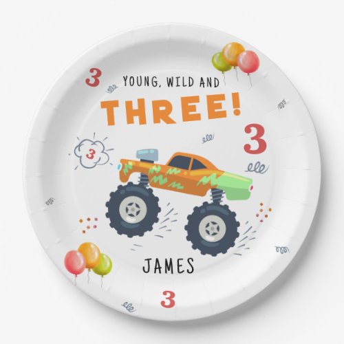 Young Wild And Three 3rd Birthday Kids Monster Car Paper Plates