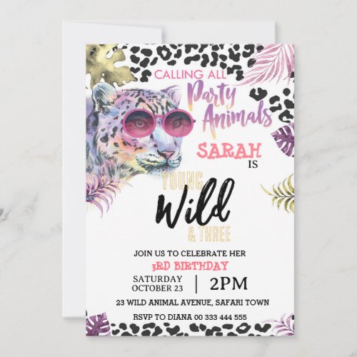 Young Wild and Three 3rd Birthday Party Invitation