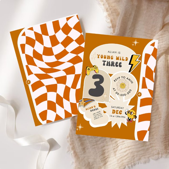 Young Wild and Three 3rd Retro Checkered Birthday Invitation (Creator Uploaded)