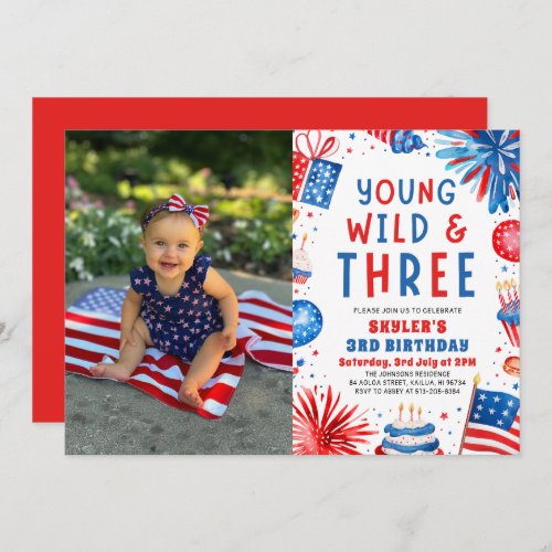 Young Wild and Three 4th July 3rd Birthday Party Invitation