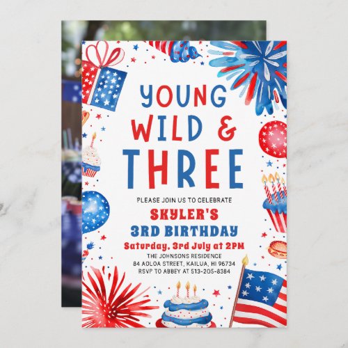 Young Wild and Three 4th July 3rd Birthday Party Invitation
