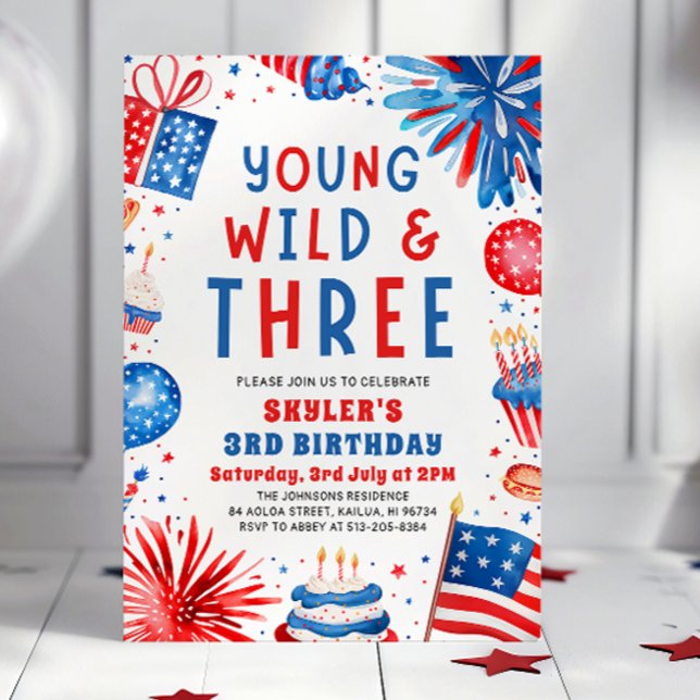 Young Wild and Three 4th July 3rd Birthday Party Invitation (Watercolor Patriotic Fireworks Young Wild and Three 4th July 3rd Birthday Party Invitation)