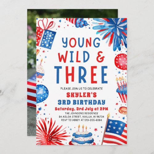 Young Wild and Three 4th July 3rd Birthday Party Invitation