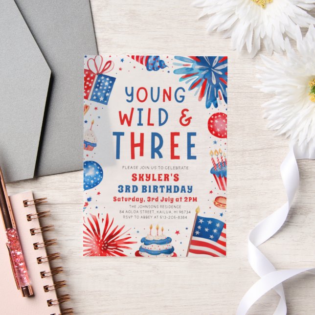 Young Wild and Three 4th July 3rd Birthday Party Vellum Invitations (Wedding)