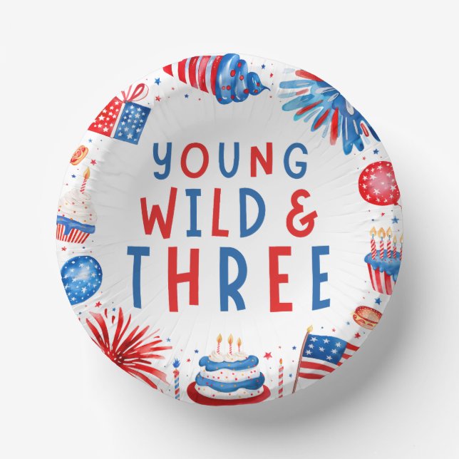 Young Wild and Three 4th of July 3rd Birthday Paper Bowls (Front)