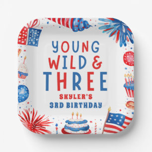 Young Wild and Three 4th of July 3rd Birthday Paper Plates