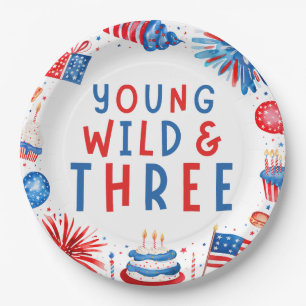 Young Wild and Three 4th of July 3rd Birthday Paper Plates