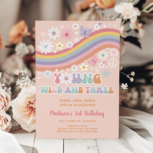 Young Wild and Three 70s Groovy Flower Birthday Invitation