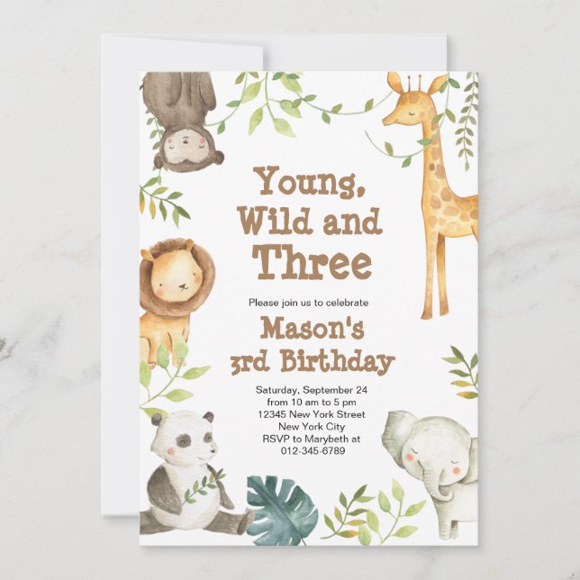 Young Wild and Three Animal Birthday Invitation (Front)