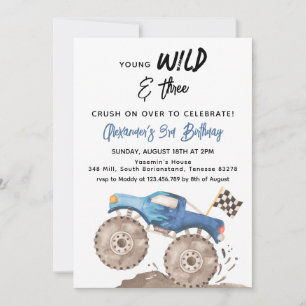 Young Wild and Three Birthday Blue Monster Truck Invitation
